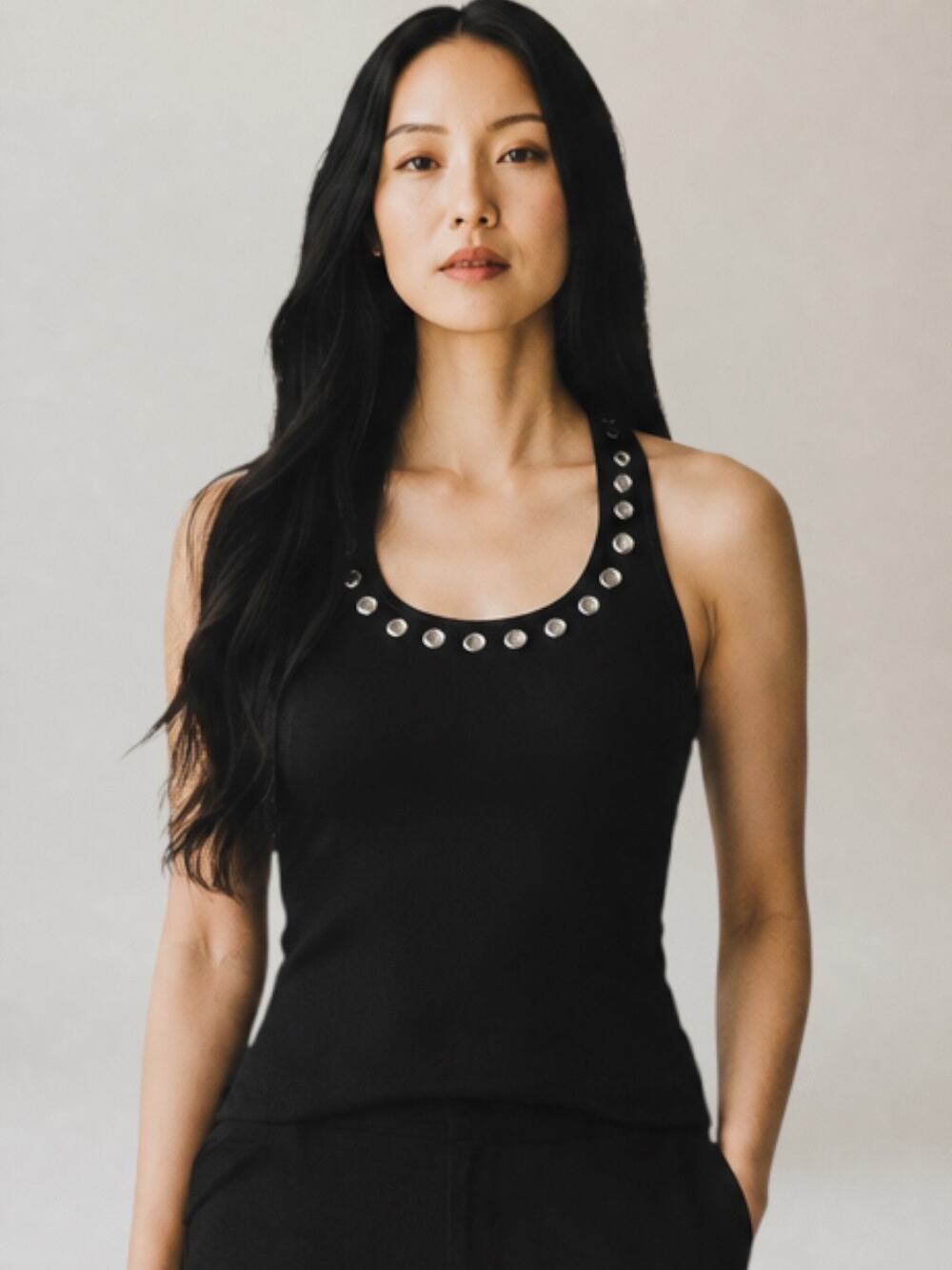 NWOT S Doe & Rae True Black Ribbed Knit Silver Grommet Trim Halter Tank Top